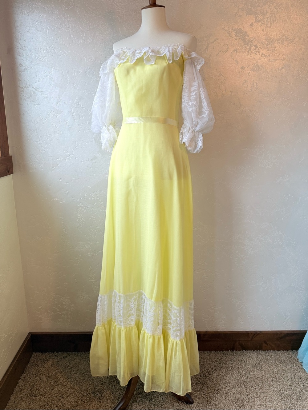 Vintage 70’s Carol Gowns by Mr. Walter Butter Yellow Lace Ruffle Maxi Dress